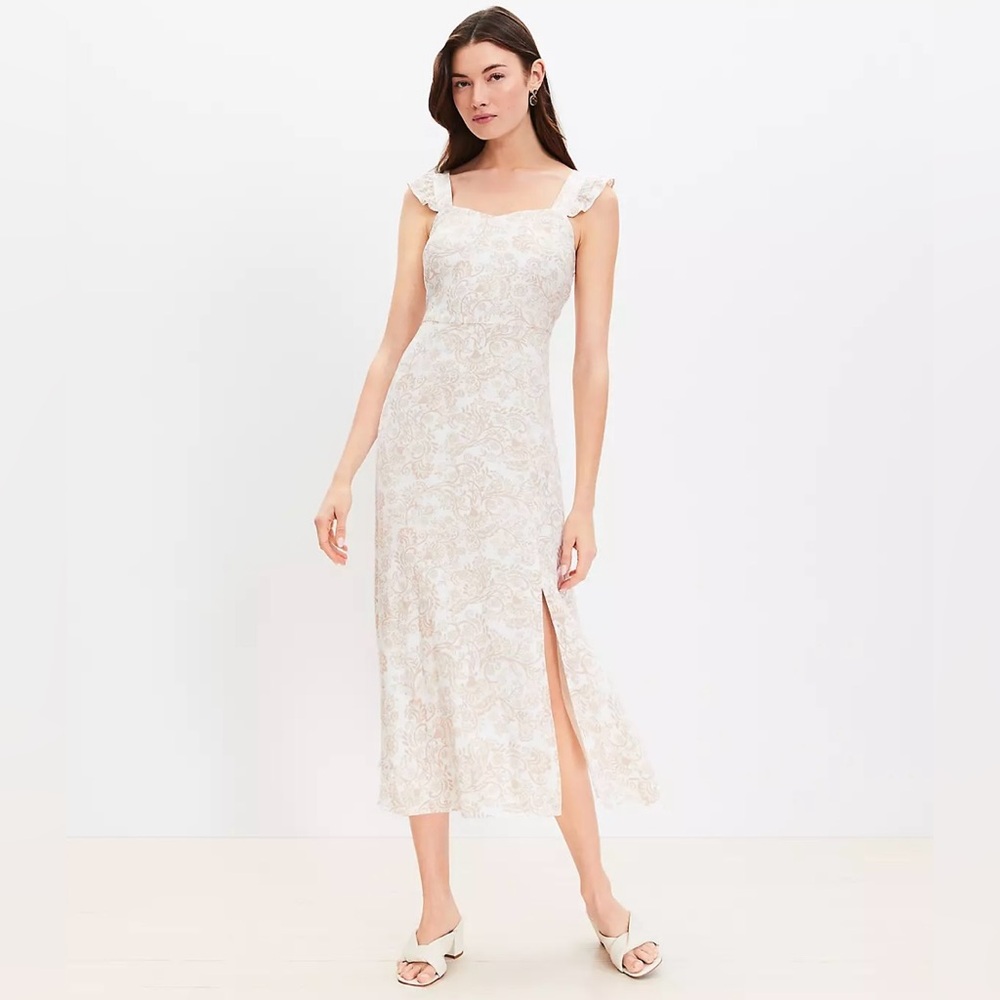NWOT - White Midi Dress w/ Tan Swirl Designs, Ruffle Sleeves and Slit (size 10P)